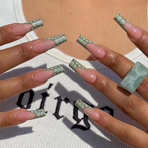 Coffin Press On Nails Long French Tip Green Crocodile Texture Snake Skin Print False Fingernails For Women Manicure