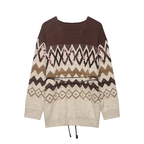 Women Knit Cardigan Sweater Jacquard Geometric Pattern Sequins Belted Long Sleeve Retro Button Front Outerwear