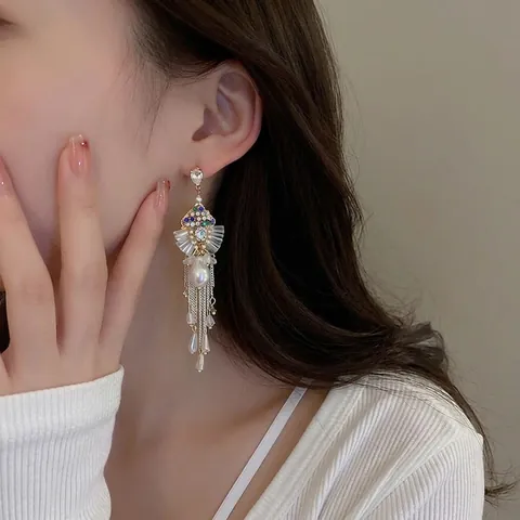 Orecchini Boho Con Nappe Lunghe Strass Multicolore Künstliche Perle E 925 Sterling Silver Earring Post Con Fiocco