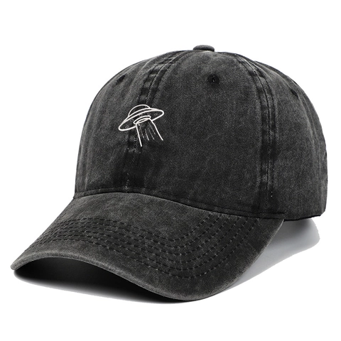 Washed Cotton Baseball Cap Vintage Distressed UFO Stickerei Curved Brim Hut Retro Streetwear Für Damen Herren Verstellbar