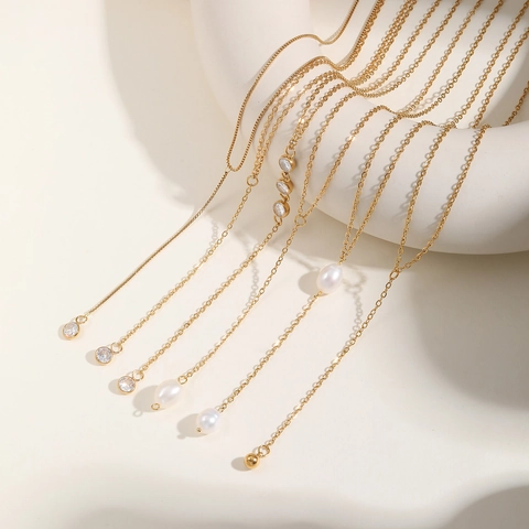 Y-Shaped Lariat Necklace Gold Plated Stainless Steel Simulated Artificial Pearl Cubic Zirconia Layered Geometric Bar Tassel For Women