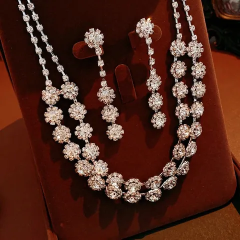 Double Layer Flower Jewelry Necklace Earrings Copper Rhinestone Zirconia Vintage Palace Luxury Women Accessories