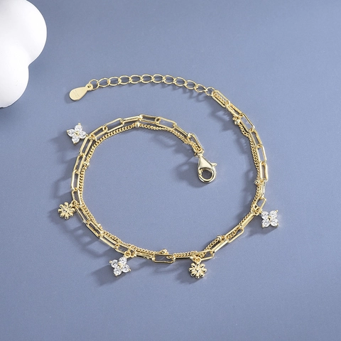 925 Sterling Silver Double Layer Bracelet Gold Plated Cubic Zirconia Clover Flower Charms Adjustable Elegant Jewelry Women