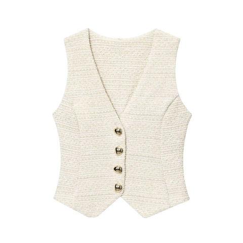 Chaleco Sin Mangas De Tweed Con Cuello En V Y Pantalones De Pierna Ancha De Talle Alto Para Mujer