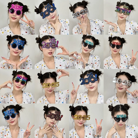 2025 Happy New Year Party Glasses Novelty Glitter Heart Round Frame Sunglasses For Christmas Eve Celebration Accessory