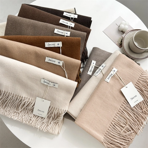 Women Winter Warm Cashmere Like Scarf Long Solid Color Tassel Shawl Thick Soft Polyester Tie-dyed Wrap For Everyday Outdoor