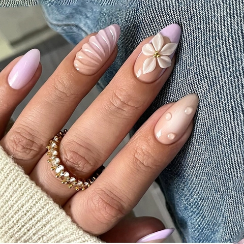 Franse Press On Nagels Met 3D Reliëf Bloemen En Schelpen Textuur Amandel Lange Kunstnagels Roze Paars Elegant Voor Vrouwen