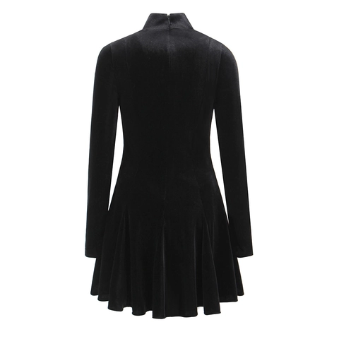 Vestito Mini da Donna Vintage Nero Consistenza Vellutata Elegante Collo Lupetto Intaglio Manica Lunga Linea A Plissettato Slim Fit