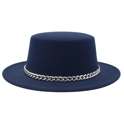 Platte Boater Hoed Wolvilt Met Zilveren Ketting Franse Retro Vintage Street Style Dames Heren