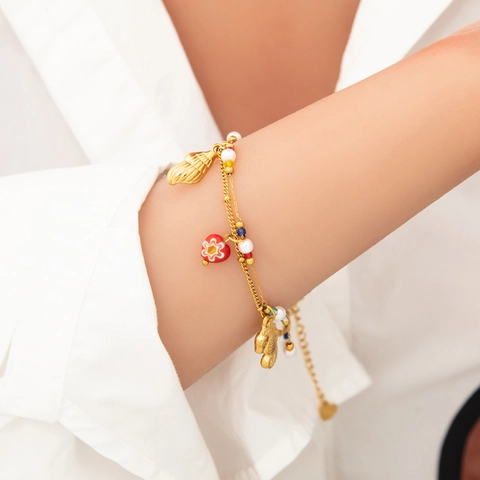 Pulsera Con Dijes De Caballito De Mar Concha Corazón Baño Oro 18K Acero Inoxidable Perla Artificial Cuentas Coloridas Joyería Náutica