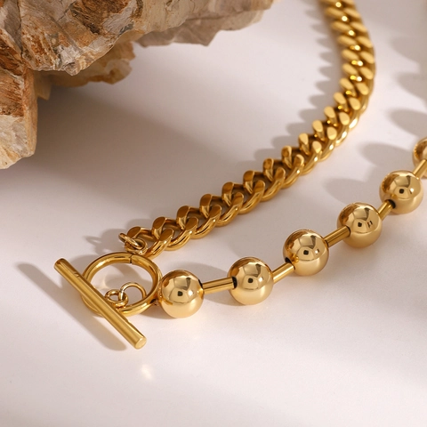 Collar de Cierre de Palanca Asimétrico de Acero Inoxidable Bañado en Oro 18K Eslabón Cubano y Cuentas Joyería para Mujer