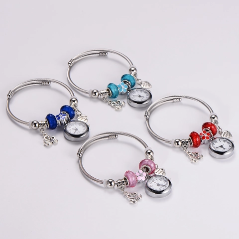Stainless Steel Charm Bracelet Watch For Women Colorful Glass Beads Swan Heart Pendant Adjustable Wire Jewelry