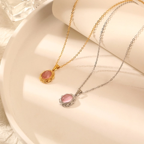 Collana Vintage Con Pietra Occhio Di Gatto Rosa Acciaio Inossidabile Design Di Nicchia Francese Pendente Geometrico Donna