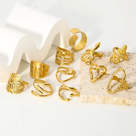 Anello Acciaio Inossidabile Donna Regolabile Placcato Oro Nicchia Lusso Serpente Cuore Geometrico Texture Gioielli
