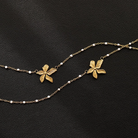 Flower Petal Pendant Necklace Titanium Steel 18K Gold Plated With White Drip Oil Beads Vacation Style For Women