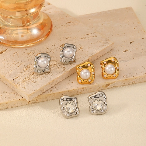 Irreguläre Lava Edelstahl Ohrstecker Mit Zirkonia Und Künstlicher Künstliche Perle 18K Vergoldet Vintage Schmuck Für Damen
