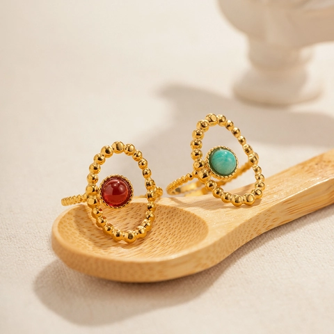 Vintage Luxury Open Ring Stainless Steel Natural Stone Oval Bead Border Adjustable Bohemia Jewelry For Women