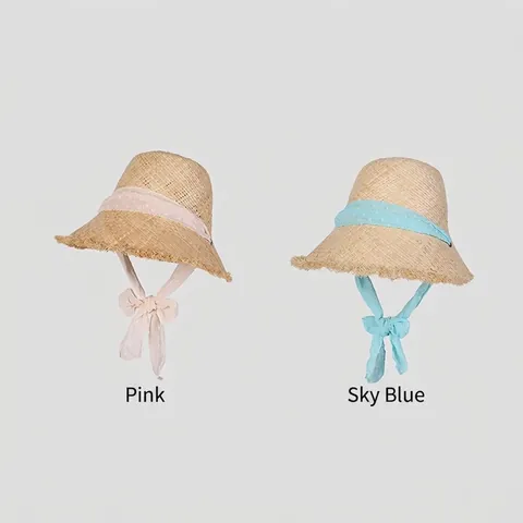Chapeau De Soleil En Paille De Lafite Été Bord Effiloché Ruban Mousseline À Pois Élégant Casquette De Plage Pour Femmes