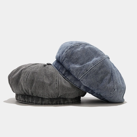 Retro Washed Denim Newsboy Cap Solid Color British Style Adjustable Beret Painter Hat For Women Men Casual