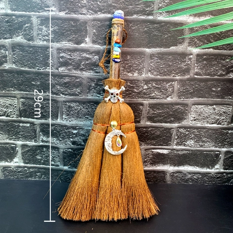 Handgefertigter Mini Hexenbesen Naturholz Stroh Mit Heilkristallsteinen Metall Mond Schädel Für Wicca Altar Dekor