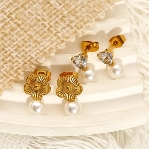 Blume Herz Künstliche Perle Ohrstecker 18K Vergoldet Edelstahl Zirkon Elegant Süß Schmuck Für Damen