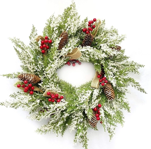 Christmas Wreath Artificial PE Pine Needle Pine Cones Red Berries Snow Flocked With LED Lights Door Hanging Holiday Decor