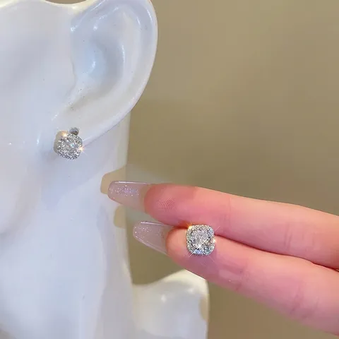 Square Halo Zircon Stud Earrings With Silver Earring Post Copper Geometric Niche Design Individual Style For Women