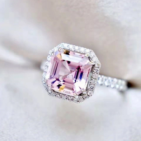Anello In Zircone Rosa Quadrato Rame Principessa Halo Micro Pavé Gioielli Di Lusso Eleganti Da Donna