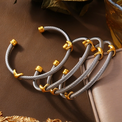 Brazalete De Cable Trenzado Acero Inoxidable Minimalista Acento De Cruz X Pulsera Abierta Ajustable Joyería De Moda Mujeres Hombres
