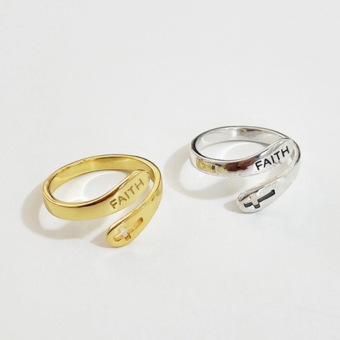 925 Sterling Silver Ring Adjustable Hollow Cross FAITH Letter Engraved Minimalist Wrap Religious Jewelry For Women