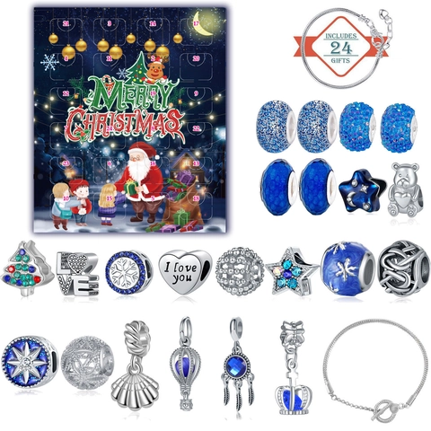 Calendario De Adviento Navidad Kit Pulsera DIY Aleación Cadena Serpiente Dijes Esmalte Color Cuentas Vidrio Regalo Niñas Mujeres