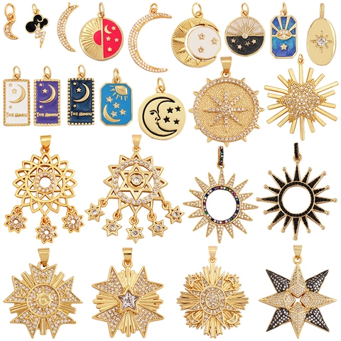 Celestial Charm Pendants Gold Plated Alloy Zircon Shell Enamel DIY Jewelry Making Sun Moon Star Tarot Style