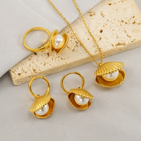 Shell Artificial Pearl Jewelry Necklace Earrings And Ring Stainless Steel 18K Gold Plated Fashion For Women Elegant