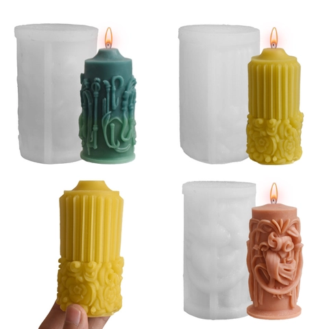 Silicone Mold Cylinder Roman Column Floral Relief For DIY Candle Soap Plaster Making Handmade Home Decor