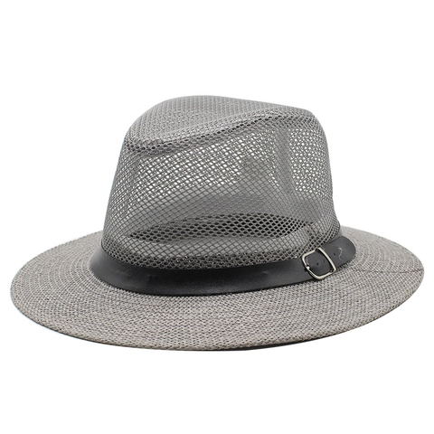 Sommer Stroh Fedora Hut Atmungsaktiv Mesh Hohl Sonnenschutz Strand Jazz Hut Mit Verstellbarem Gürtel Für Herren Damen