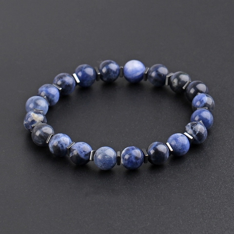 Men's Natural Sodalite Beaded Bracelet With Hematite Spacers Handmade Elastic Fashion Jewelry