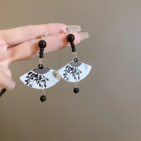 Fan Dangle Earrings With Silver Earring Post Alloy Acrylic Chinese Style Ink Painting Bamboo Pattern Oriental Jewelry