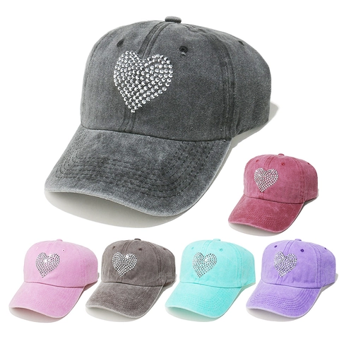 Rhinestone Heart Baseball Cap Washed Cotton Sun Protection Adjustable Casual Outdoor Hat For Women