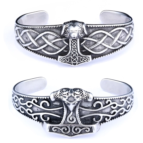 Bracciale Vichingo Martello Di Thor Mjolnir Acciaio Inossidabile Uomo Retrò Mitologia Norrena Nodo Celtico Sbalzato Polsino Aperto