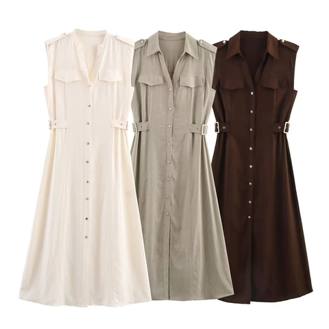 Abito Camicia Midi Senza Maniche Misto Lino Stile Cargo Utility Revers Bottoni Tinta Unita Donna Elegante Ufficio
