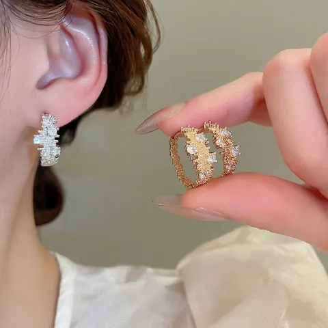 Irregular Geometric Hoop Earrings Copper Zircon With Silver Earring Post Vintage Luxury Style Jewelry For Women Elegant
