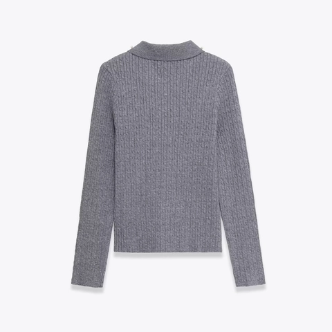 Damen Strickjacke Grau Zopfmuster Künstliche Perlenkragen Strassknöpfe Elegant Langarm Weich