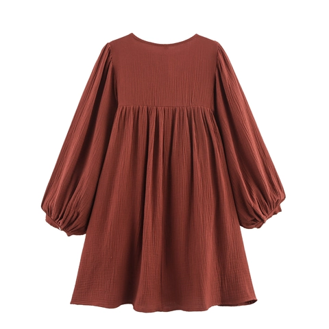 Women Bohemian Mini Dress Cotton Blend Floral Embroidery Tassel Tie Round Neck Lantern Sleeve Rust Red