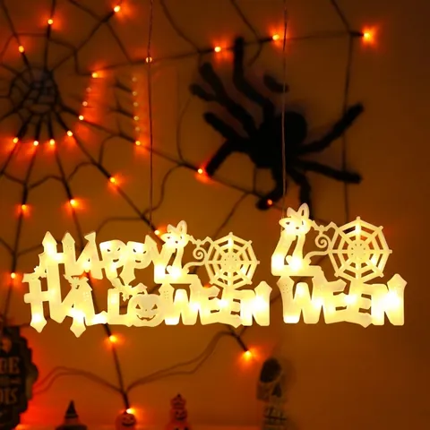 Happy Halloween LED Fenster Deko Lichter Saugnapf Batteriebetrieben Kunststoff Schild Lila Warmweiß Lampe Dekor