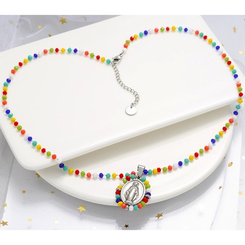 Pendente Religioso Vergine Maria Acciaio Inossidabile Con Perline Colorate Medaglia Miracolosa Ovale Per Gioielli DIY