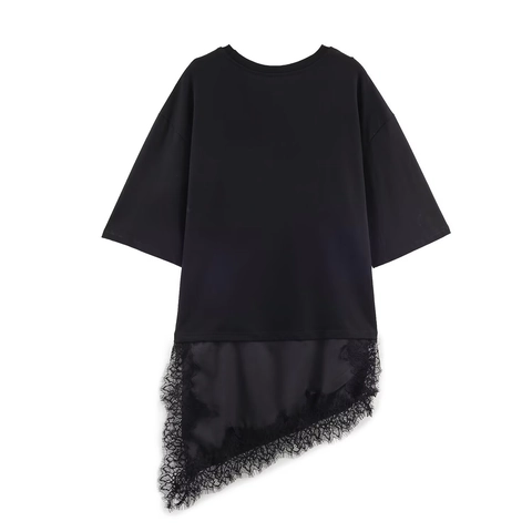 T-Shirt Femme Col Rond Manches Courtes Ourlet Asymétrique Dentelle Patchwork Haut Décontracté Pour Dames