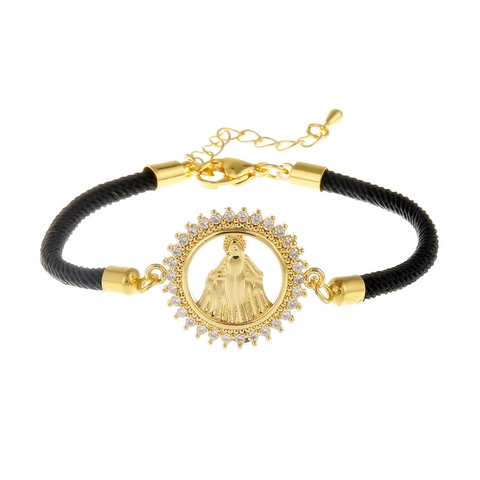 Virgin Mary Religious Pendant Bracelet Copper Cubic Zirconia Adjustable Milan Rope Jewelry For Women
