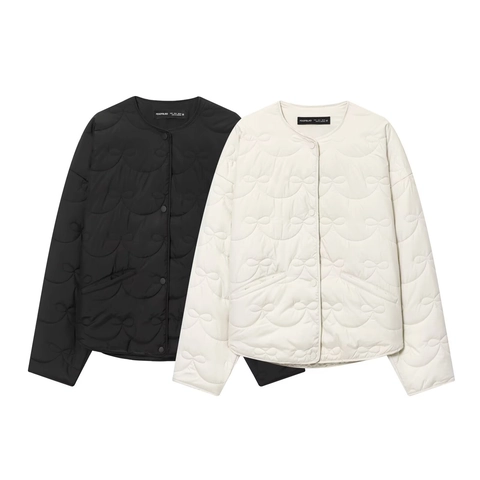 Veste Matelassée Femmes Motif Noeud Col Rond Boutonnage Simple Manches Longues Décontracté Léger