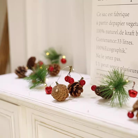 Christmas LED String Lights With Pine Cones Red Berries Pine Needles And Bells Warm White Battery Operated Festive Decor