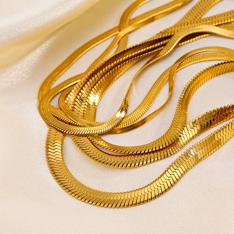 Stainless Steel Snake Bone Chain Necklace Bracelet 18K Gold Plated Flat Herringbone Minimalist Adjustable For Women